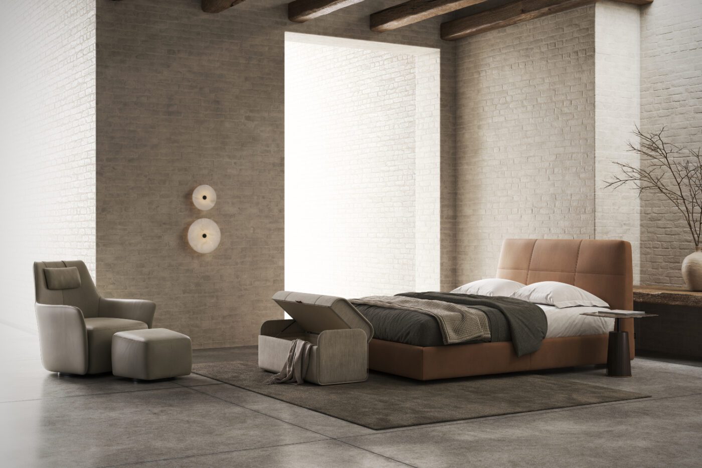 Shelby Bed and Alexander Armchair bedroom A cosy mid-century modern bedroom featuring a neatly made bed, a comfortable armchair, and a stylish ottoman for relaxation.