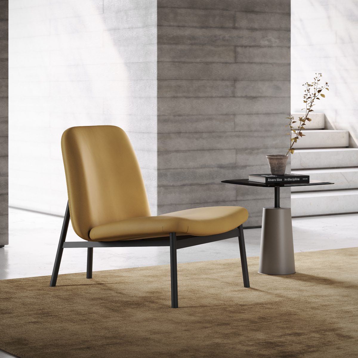 Edison armchair in yellow A cosy living room featuring a bright yellow chair and matching table, creating a cheerful and inviting atmosphere. The tones are from the 70s colour trends.