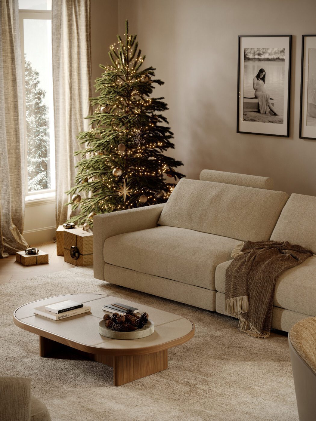 Edward Sofa - Christmas Living Room A festive living room showcasing a Christmas tree and a welcoming sofa, creating a warm holiday atmosphere.