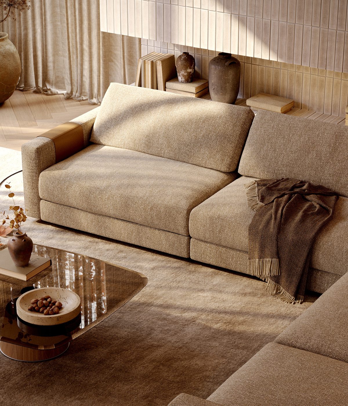 Edward Sofa Hygge A well-furnished living room with a modular sofa, a central coffee table, and a beautiful vase accentuating the space.