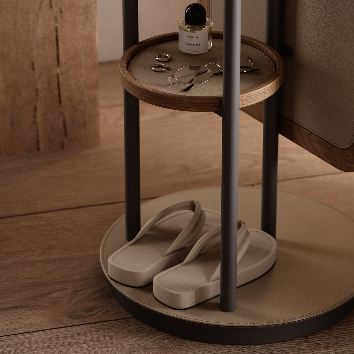 Elise Mirror by Domkapa (2) A shoe rack in a mirror featuring a pair of casual flip flops positioned neatly on it.