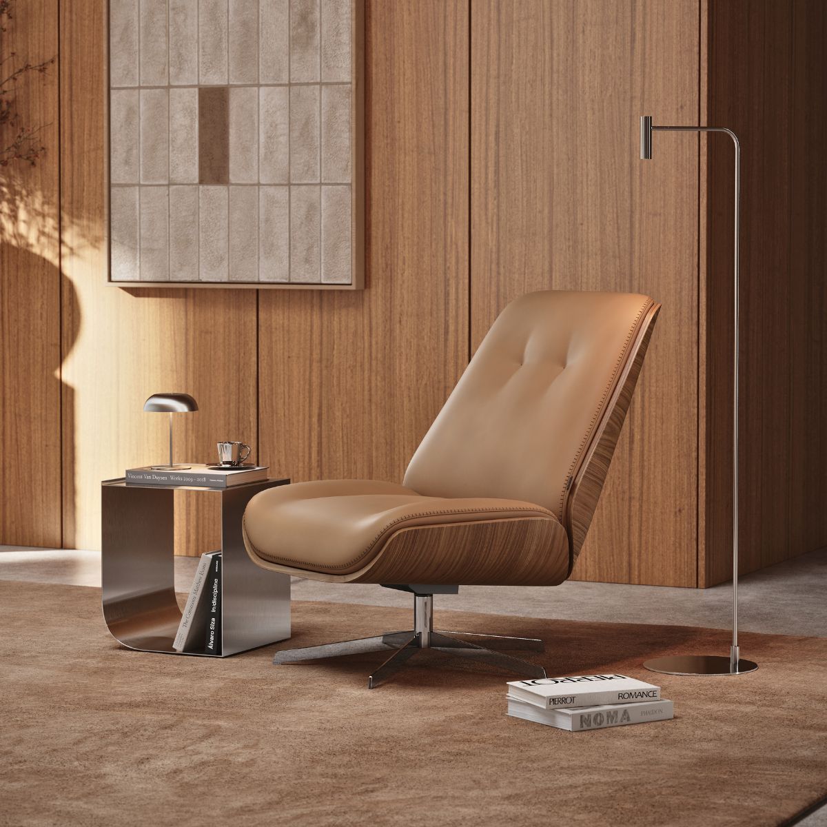 Elliot Armchair by Domkapa (1) A mid-century armchair and table situated in a room featuring rich wood panelling, creating a warm atmosphere.