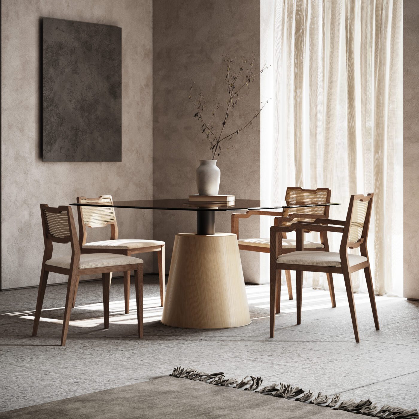 Eva chair with and without armrests A cosy dining room featuring a wooden table surrounded by stylish chairs, perfect for family meals and gatherings. Their versatility and texture meets the 2025 interior design trends.