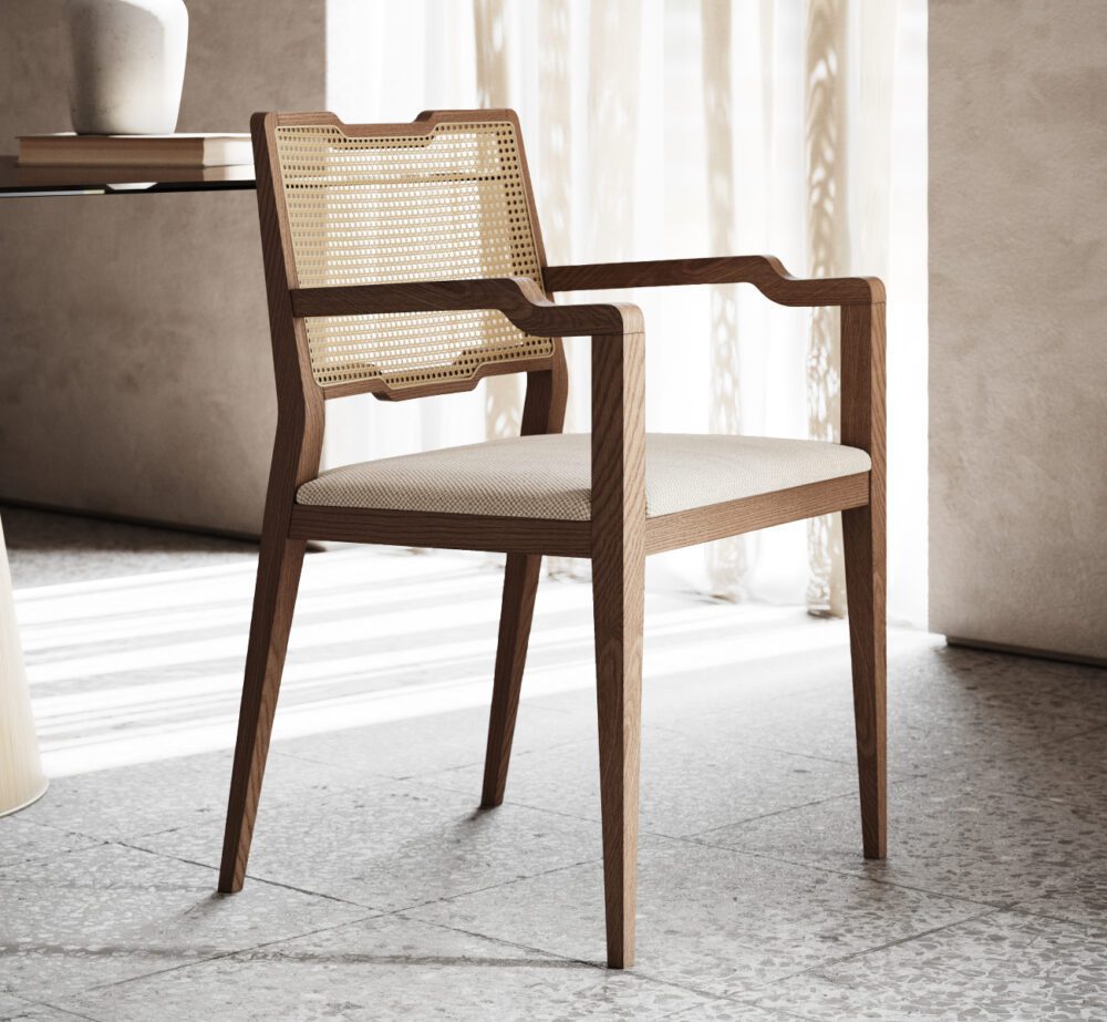 Eva dining chair - Eva family A wooden chair with armrests and with a sturdy back and seat, reflecting a timeless and functional style. From the Eva family.
