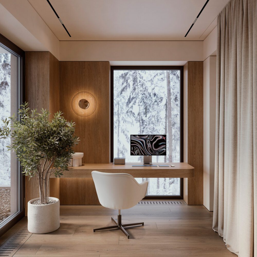 Feng shui at office Feng shui and the commnading position: a minimalist home office design with a desk and a bright window, creating an inviting and productive work environment.