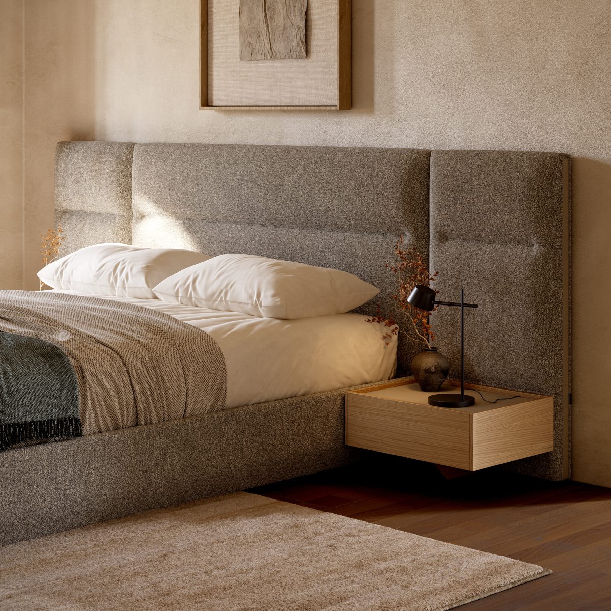 Francis bedside table and bed A comfortable modular bed with an elegant upholstered headboard and a integrated bedside table, enhancing the room's inviting feel.