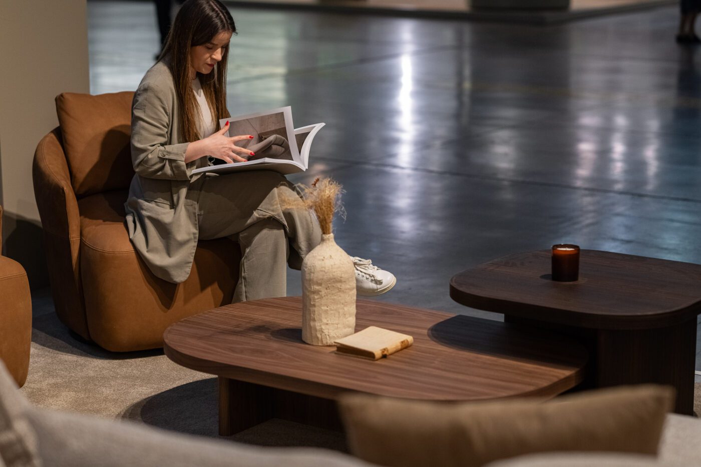 Gilbert Table Set and Alice Armchair Modern interiors with gilbert table set in wood and alice armchair in an orange fabric