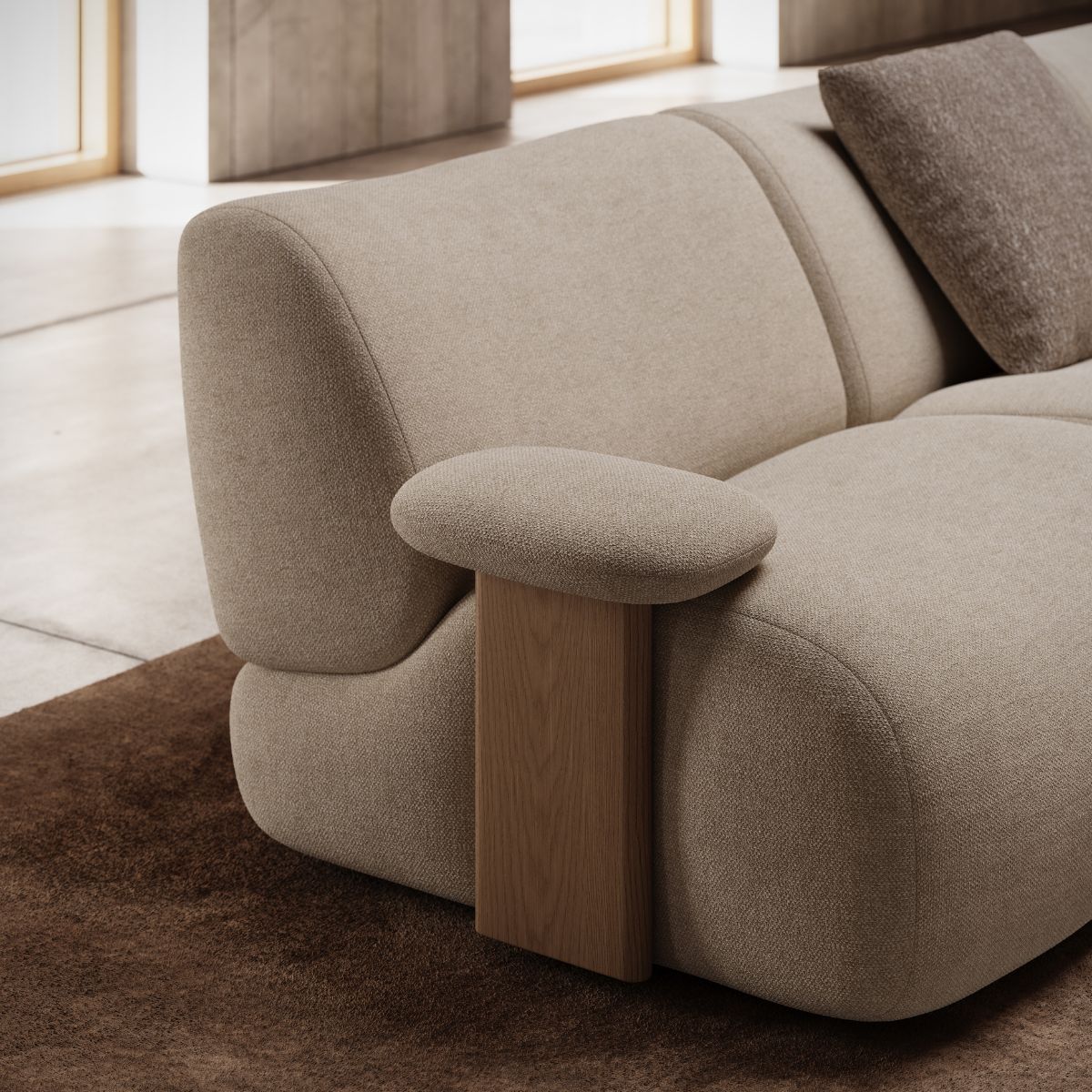 Giorgio Sofa by Domkapa with wooden armrests, emphasising a stylish and cosy design element.