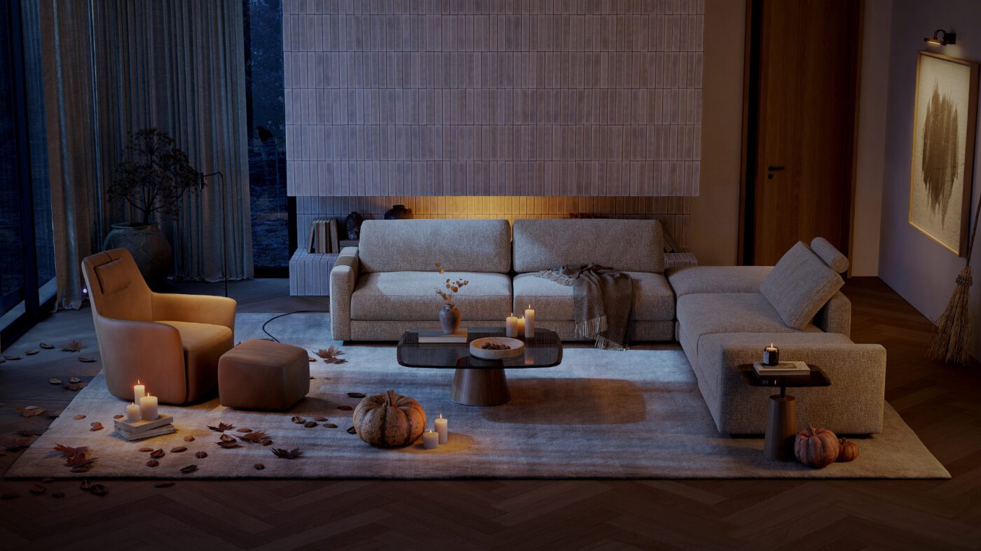 Halloween Living Room by Domkapa A cozy living room with modern furniture, featuring two sofas and an armchair. Candles and small pumpkins are placed on the tables and floor. Warm lighting and autumn leaves create a relaxing fall ambiance with a large window and curtains in the background.