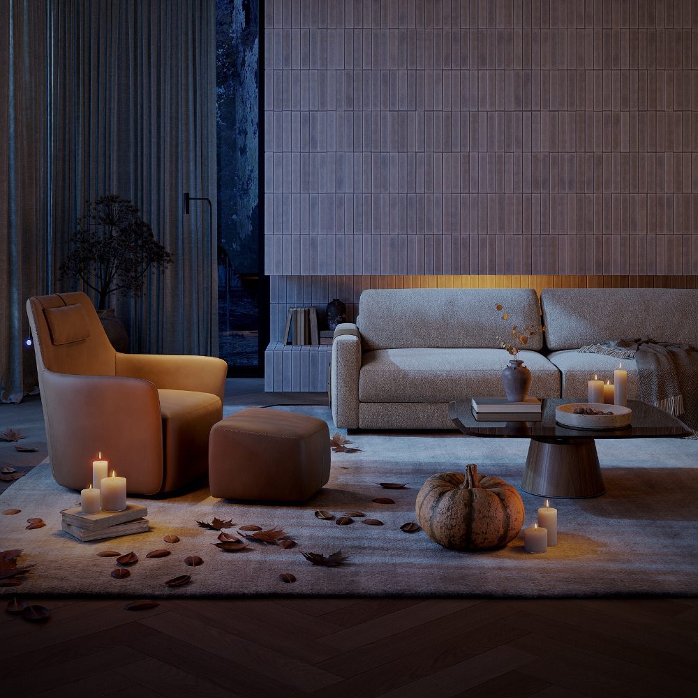 Halloween-themed living A cosy halloween living room with modern furniture, featuring two sofas and an armchair. Warm lighting and autumn leaves create a relaxing fall ambiance with a large window and curtains in the background.