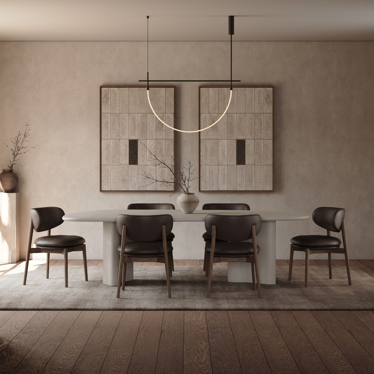 Harvey Dining Chair by Domkapa (6) A spacious dining room with a sleek white table and elegant dining chairs, designed for comfortable dining experiences.