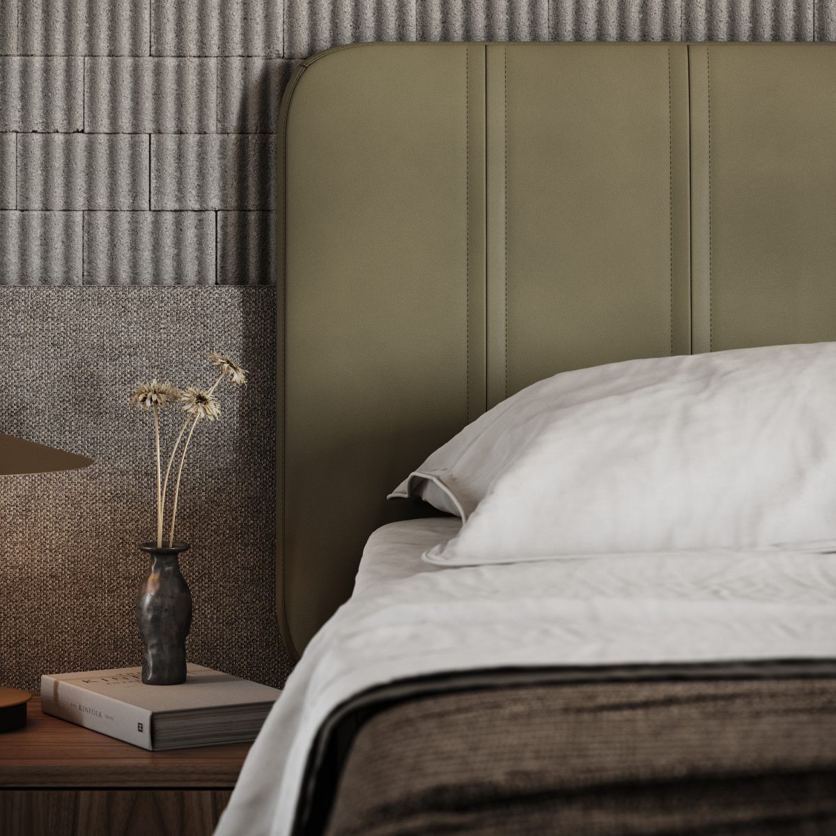 Headboard of Amanda Bed A contemporary bedroom showcasing a comfortable bed with a statement headboard and a chic pouf, creating a serene and inviting atmosphere.