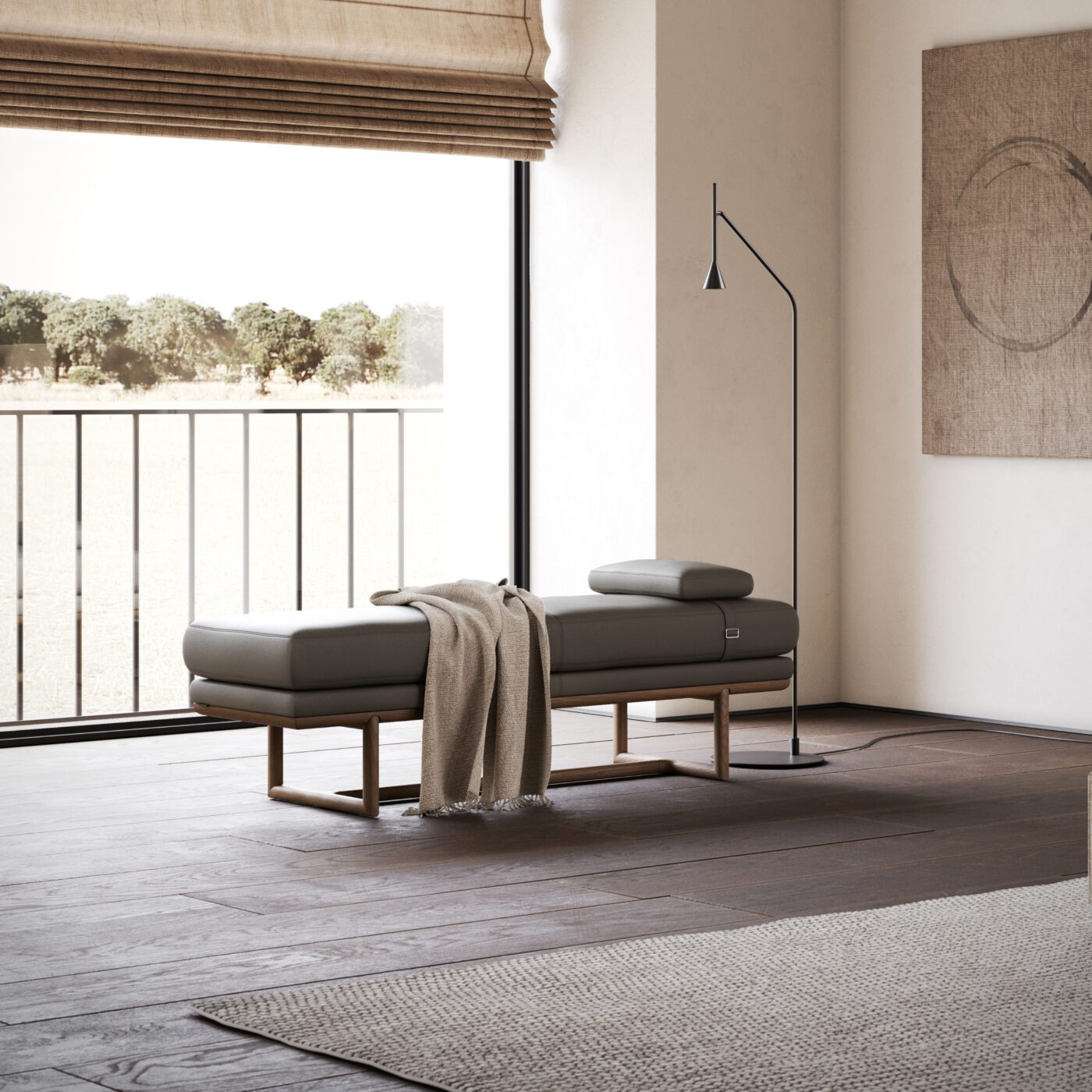 Henry Bench bedroom An inviting room showcasing a benche and a window that brightens the space. The versatility of the bench matches the 2025 interior design trends.