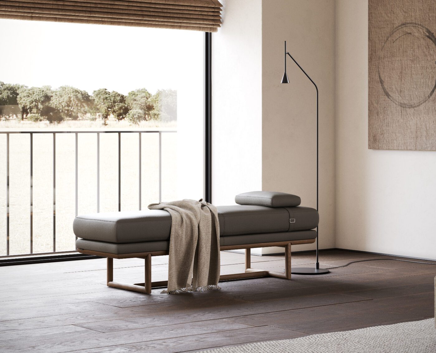 Henry - Upholstered Bench Minimalist interior with a modern gray upholstered bench, draped with a beige blanket, and a sleek floor lamp nearby. Large window offers a view of a sunny, tree-lined field. Neutral tones and clean lines create a serene, contemporary atmosphere.