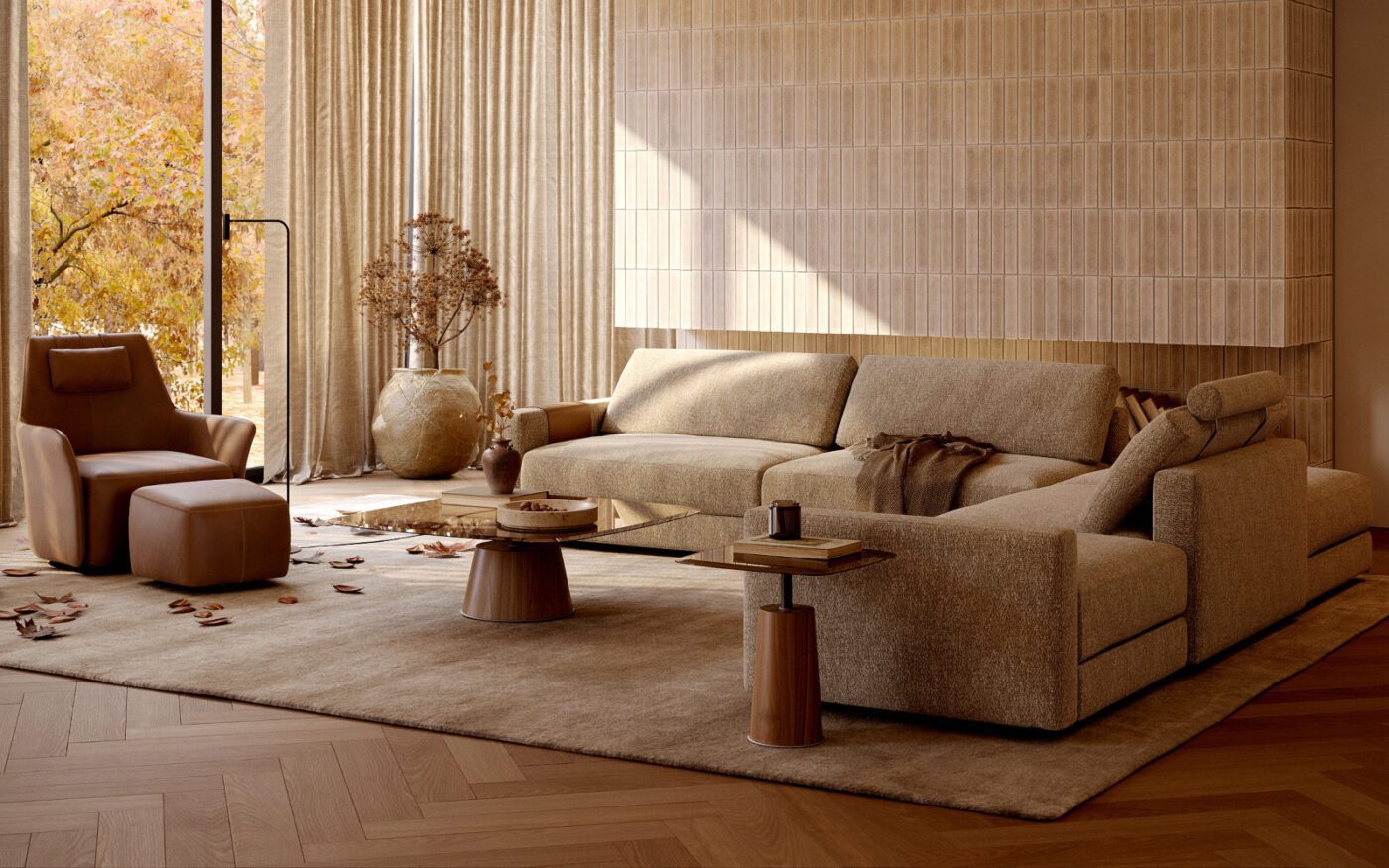 Hygge living room by Domkapa A bright living room with a soft sofa, a contemporary armchair, and a minimalist table, designed for comfort and style.