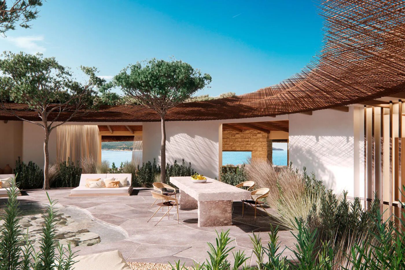 Interior-Designers-Italy_Matteo-Thun Resort location on a hillside, showcasing the expansive sea view in the background. From Matteo Thun Milano.