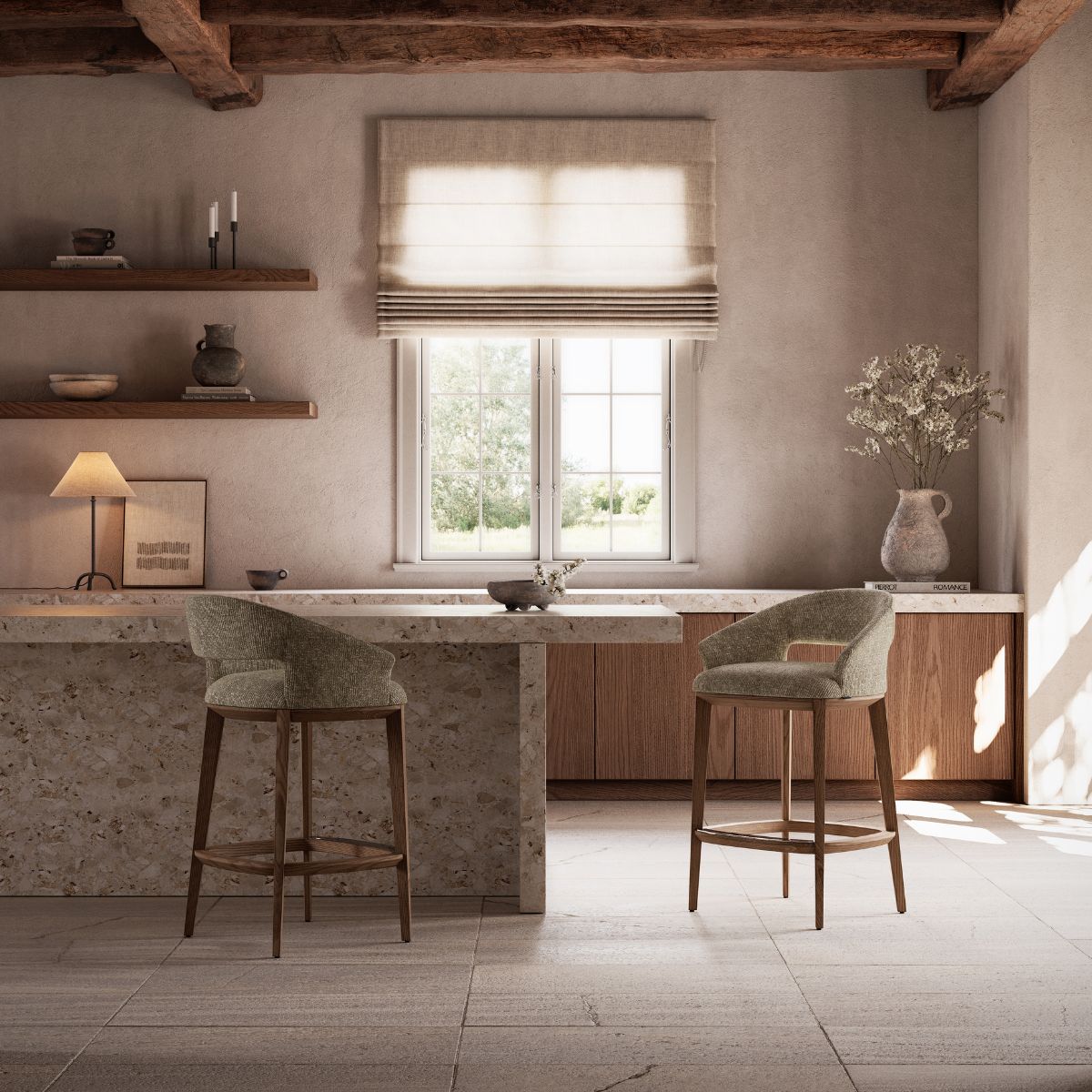 Jermain Bar Chair by Domkapa (3) Rustic kitchen with a stone-topped island, two green bar stools, and wooden shelves. A sunlit window, vase, and soft lighting create a cosy atmosphere.
