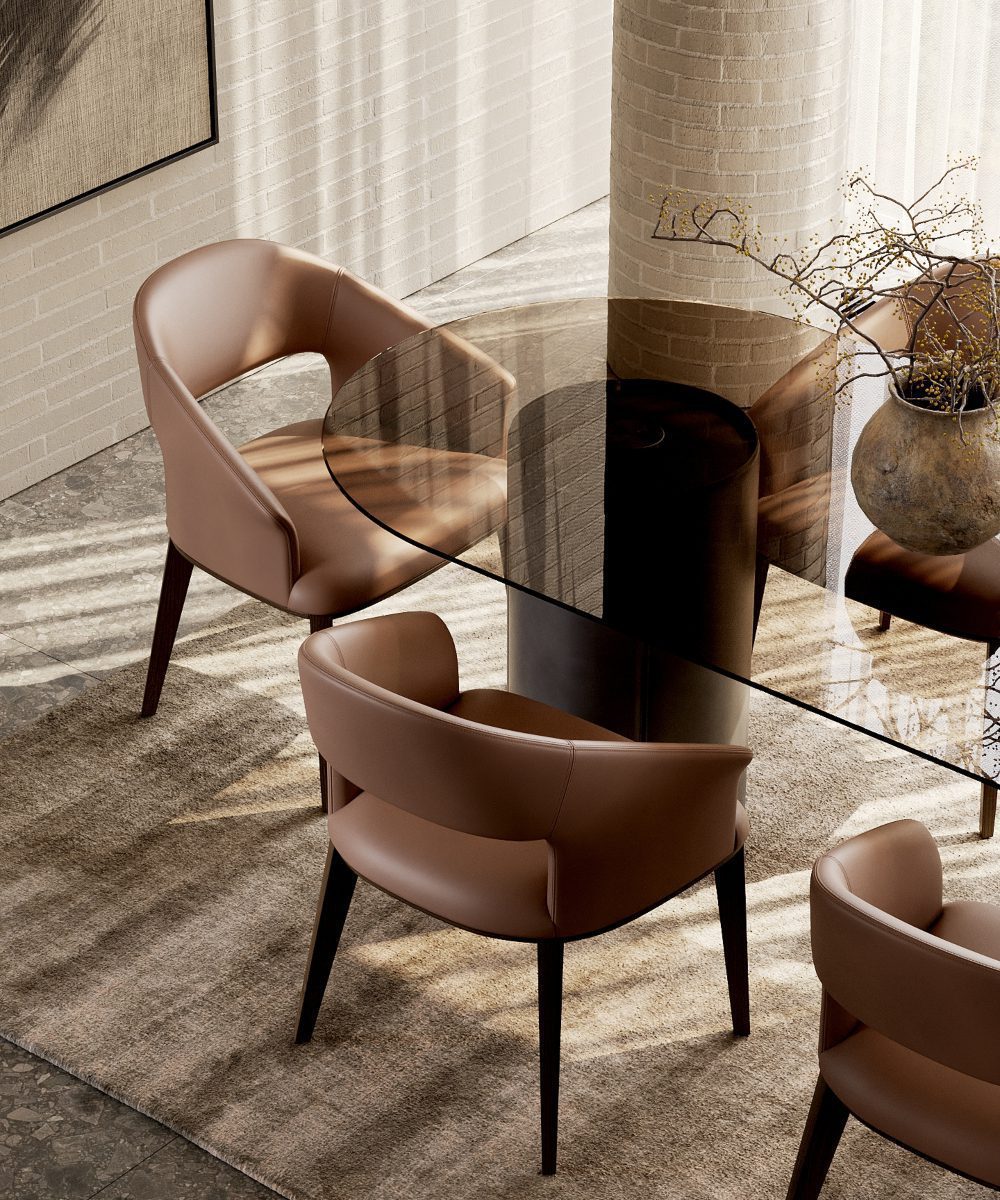 Jermain chair in mocha mousse (2) Modern dining table with matching dining chairs and a decorative vase, enhancing the elegance of the dining space. In mocha mousse, the colour from the 2025 interior design trends.