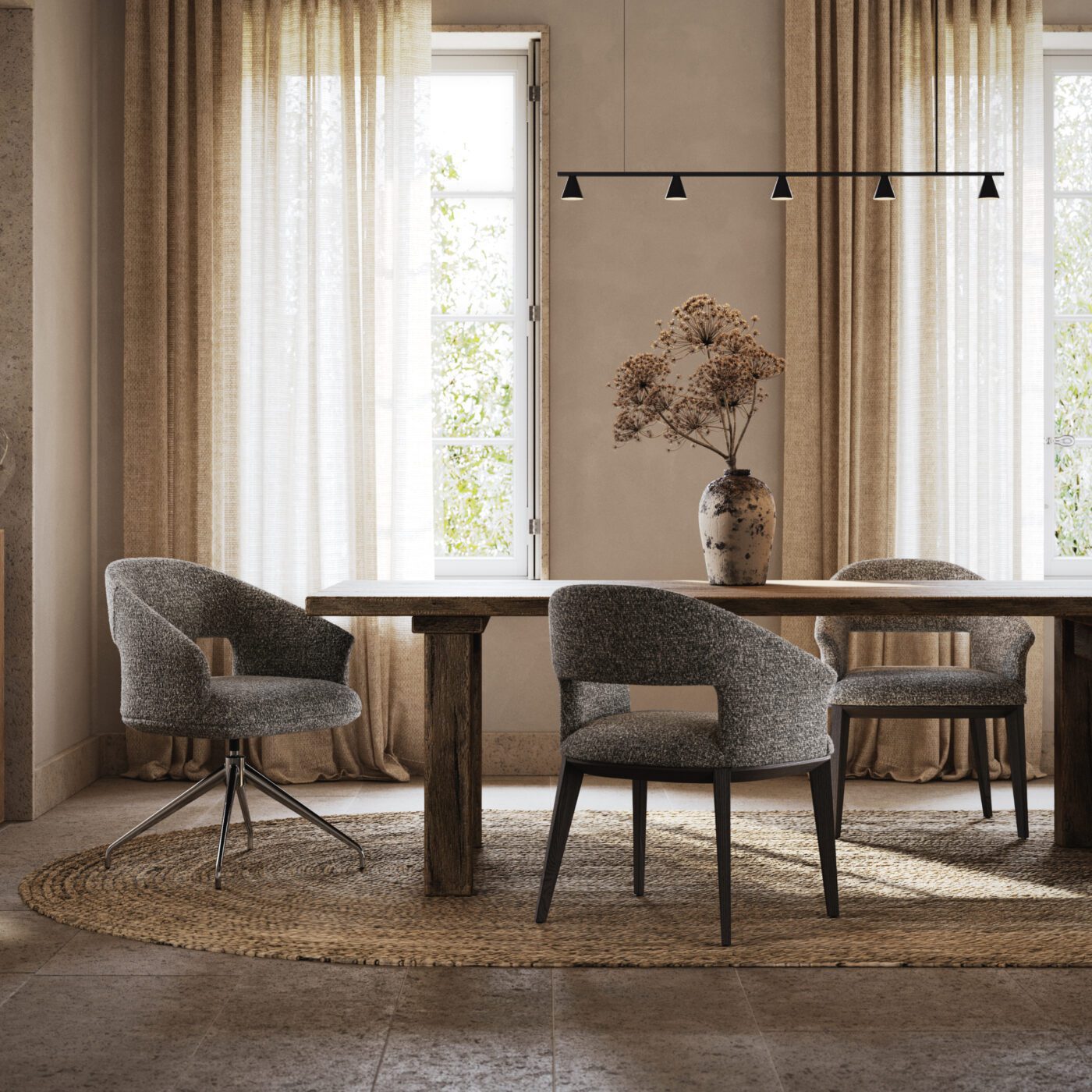 Jermain chair with two bases A modern dining room with a sleek table and comfortable chairs, designed for dining and socialising. The versatility of the chairs match the 2025 interior design trends