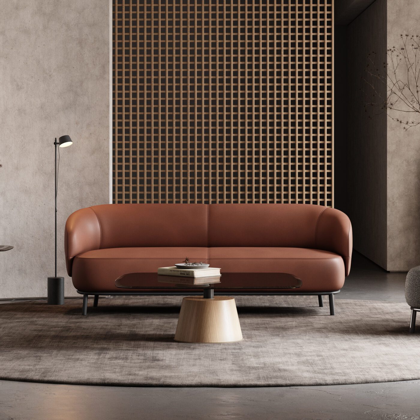 Juliet sofa Modern living room showcasing a red leather sofa and a wooden wall, blending comfort with contemporary design. Matching the 2025 interior design trends.
