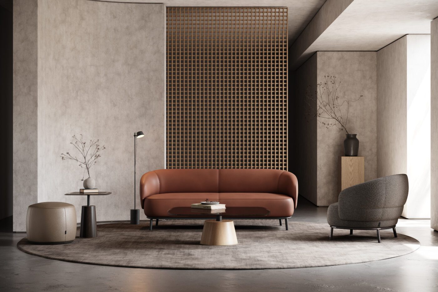 Juliet sofa and armchair, panton, rachel pouf Mid-century modern living room design showcasing a square glass table accompanied by an armchair in bouclé, perfect for relaxation and conversation.