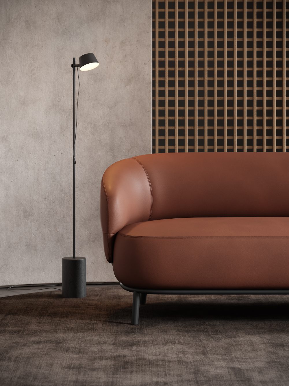 Juliet sofa in a living room corner A minimalist sofa in a cosy setting, placed in front of a chic wall, enhancing the room's modern vibe. One of the statement pieces of the living room.