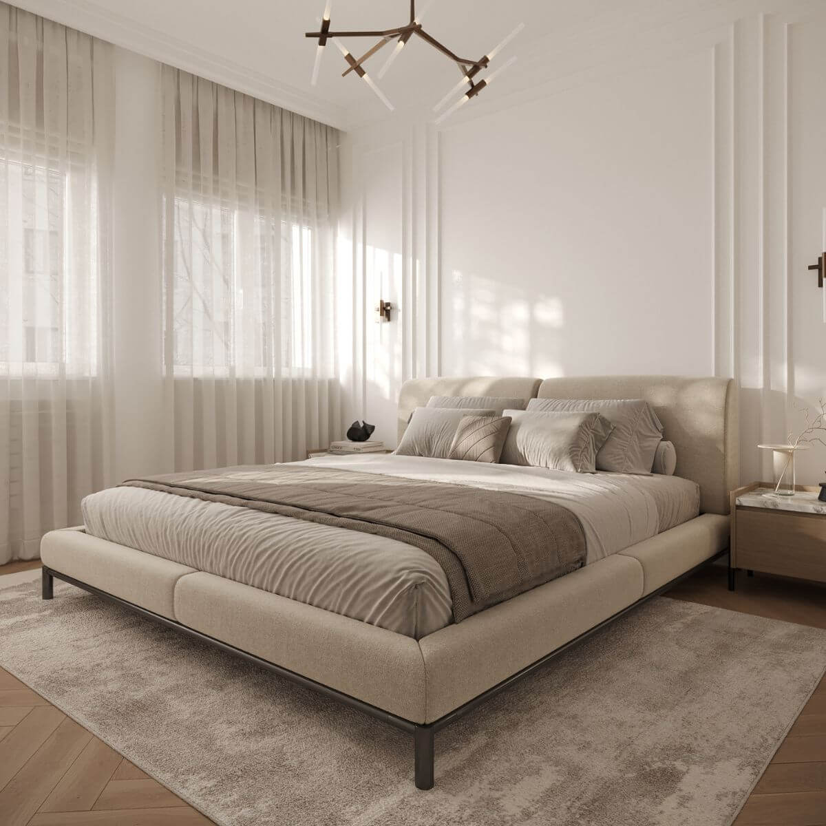 Kaizen Design Studio project with Domkapa pieces (1) A modern bedroom featuring a neatly made bed and a stylish lamp beside it, creating a cosy atmosphere. Project by Kaizen Design Studio