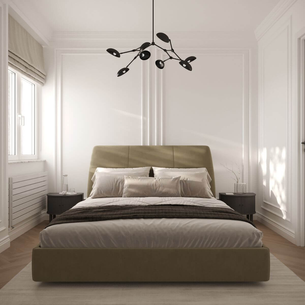 Kaizen Design Studio project with Domkapa pieces (2) A stylish modern bedroom with a comfortable bed and a chic lamp, designed for relaxation and comfort.