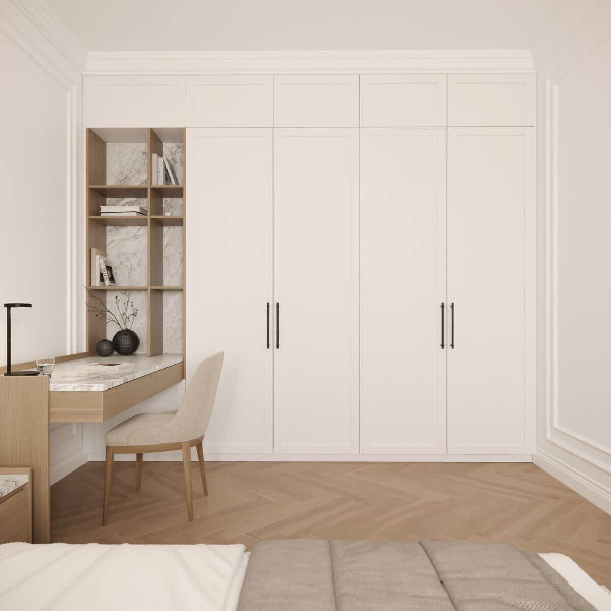 Kaizen Design Studio project with Domkapa pieces (3) A well-organized bedroom showcasing a desk, a chair and a wardrobe, complemented by warm tones and inviting decor.