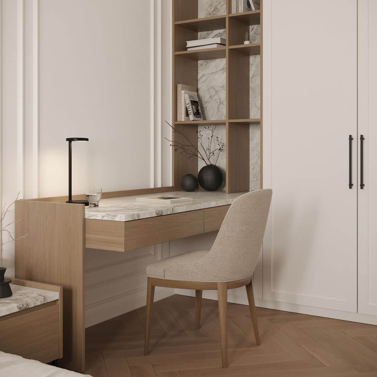 Kaizen Design Studio project with Domkapa pieces (4) A contemporary bedroom with a sleek desk and chair, creating a functional workspace within the living area.