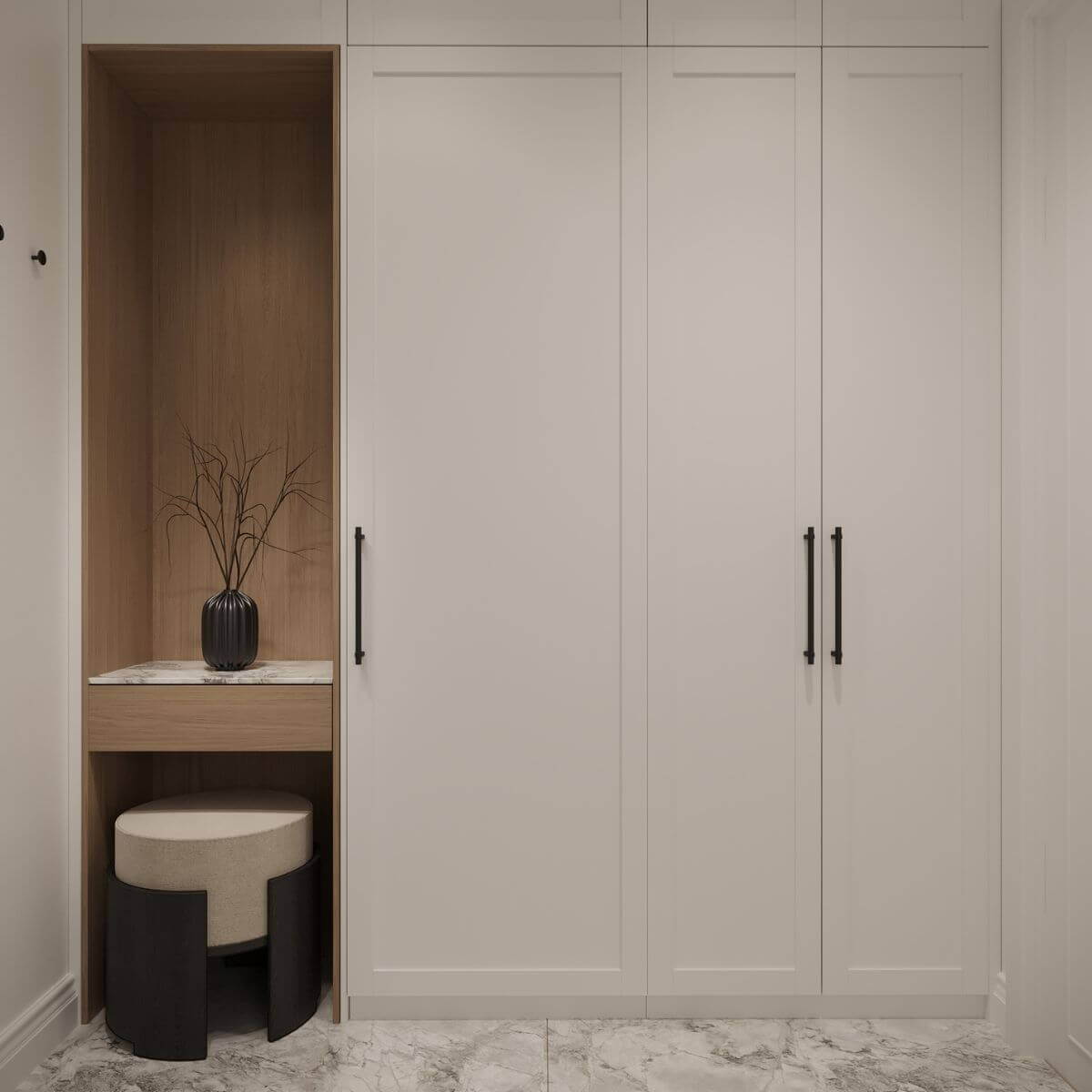 Kaizen Design Studio project with Domkapa pieces (5) Entryway with a white closet featuring a pouf and a decorative vase on top, creating a stylish and organised entryway space. Project by Kaizen Design Studio