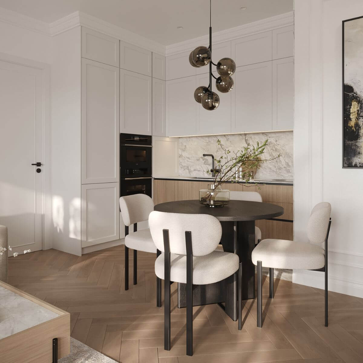 Kaizen Design Studio project with Domkapa pieces (6) A modern kitchen and dining area featuring a large, colourful painting on the wall, enhancing the contemporary decor.