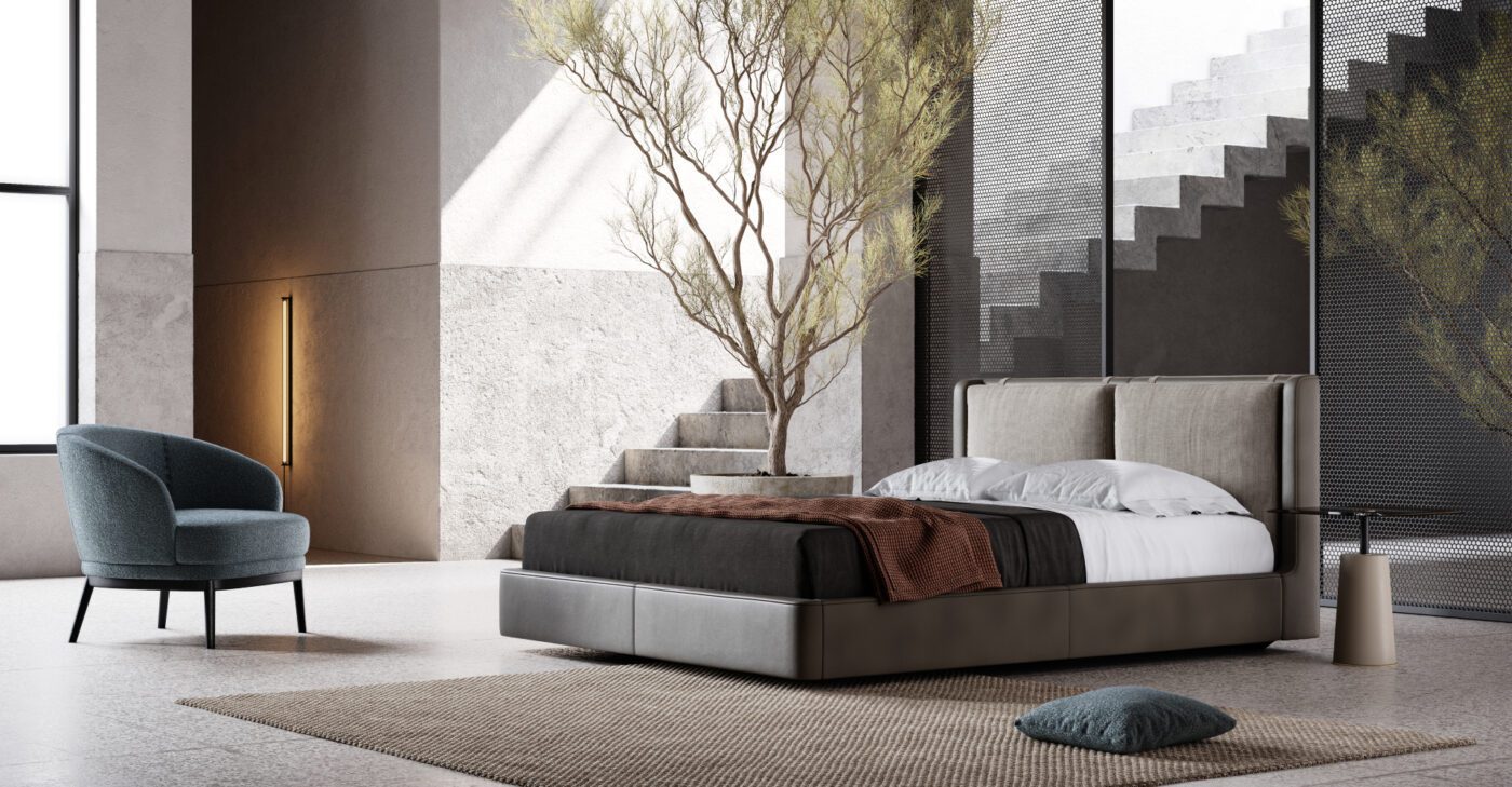 Kelsi bed and Ruth armchair 2022 A stylish bedroom design with a bed, an armchair and a tree, blending comfort and nature in a modern aesthetic.