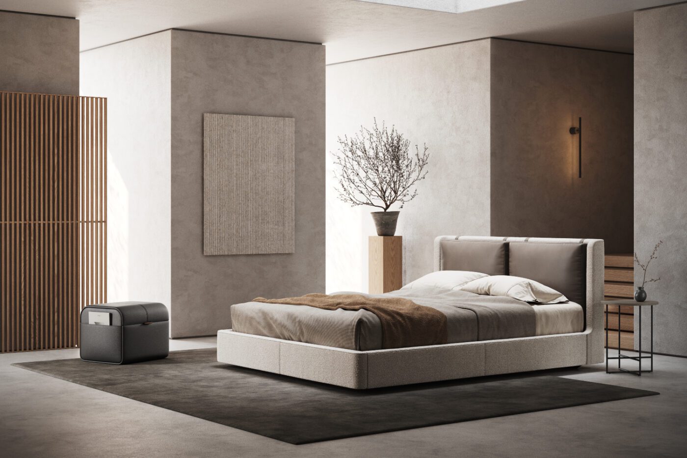Kelsi bed in a bedroom set with Adley Pouf A contemporary bedroom showcasing a cosy bed, a functional pouf and a vase adding a touch of elegance to the space. With statement lighting, one of the bedroom trends for 2025.