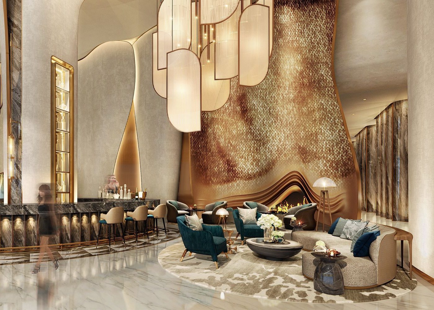 Kristina Zanic Lobby with gold accents and in the wall and furniture. With a sofa in neutra tones and two matching armchairs in blue. With a bar with golden bar chairs.