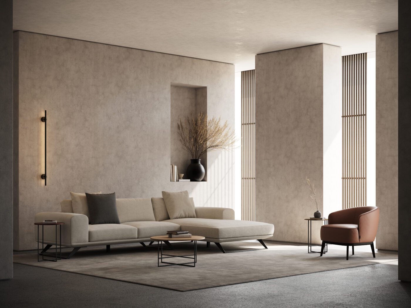 Lagom living room by Domkapa An elegant living room design with a beige upholstered sofa and a stylish armchair, emphasising comfort and modern aesthetics.