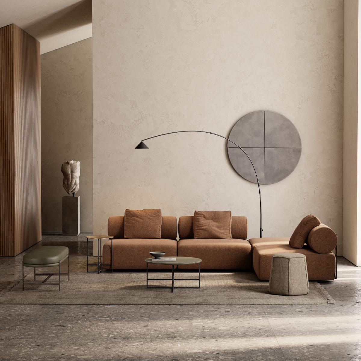 Living room with 70s colours A contemporary living room showcasing a large round table, complemented by chic furniture and a warm atmosphere. With a modular sofa in orange tones and a bench in green, matching the 70s colour trends.