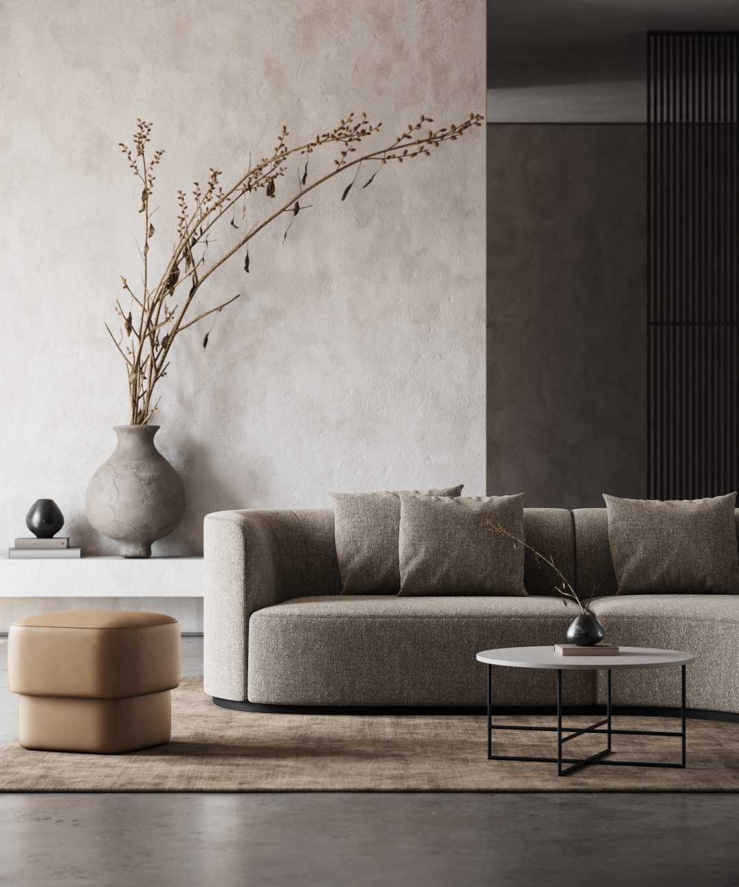 Living room with Chloe Sofa A contemporary living room showcasing a comfy sofa, chic coffee table, and a beautiful vase as a centrepiece. About furniture colours and fabrics