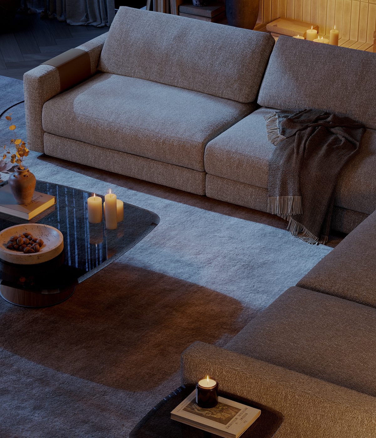 Living room with Edward Sofa and candles An inviting hygge living room with a soft sofa, a chic coffee table and a side table.