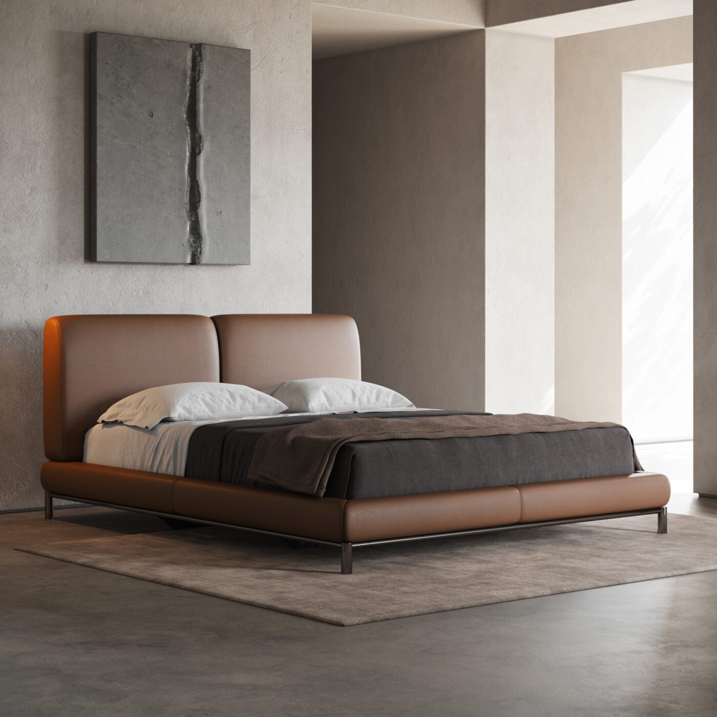 Margot Bed bedroom A neatly made bed in a serene room, featuring an artistic painting displayed prominently on the wall. Matching the 2025 interior design trends.