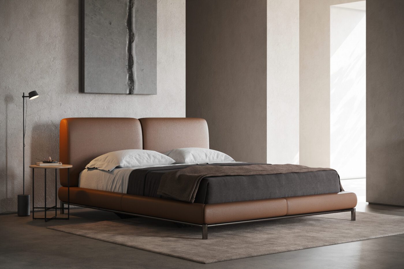 Margot bed and bedroom trends for 2025 A modern bedroom scene with a neatly arranged bed and a chic lamp, offering a warm and inviting ambiance. From the bedroom trends for 2025.