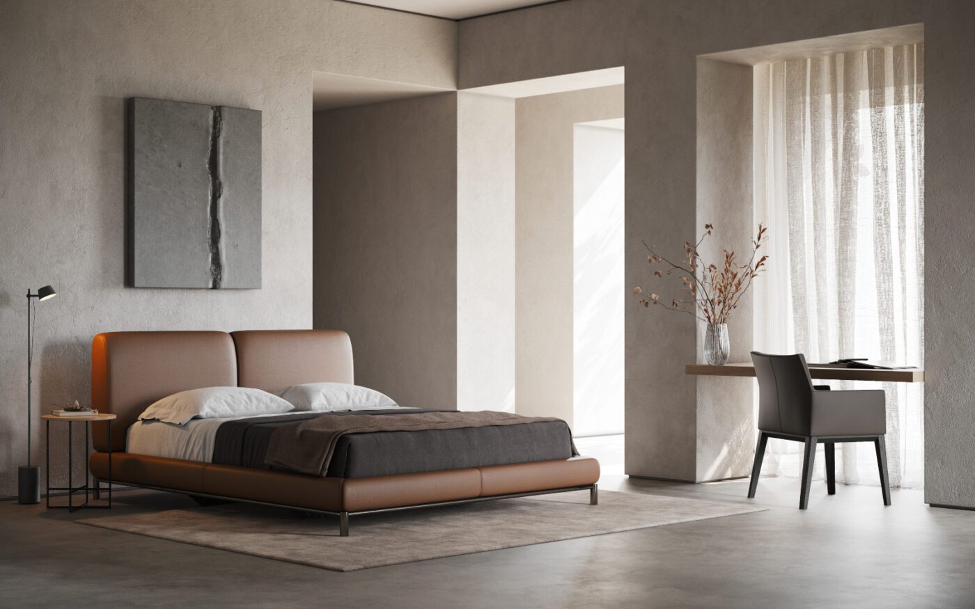 Margot bed in a bedroom with danish interior design Bright bedroom set showcasing a bed, a desk and a chair, ideal for rest and work. With danish interior design pillars.