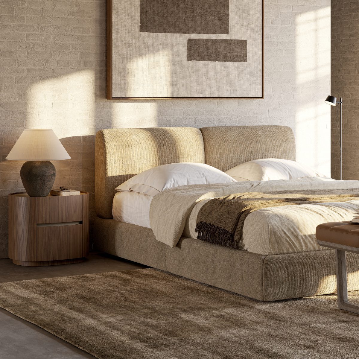 Margot plus bed detail A comfortable bed in soft materials surrounded by inviting bedroom decor.