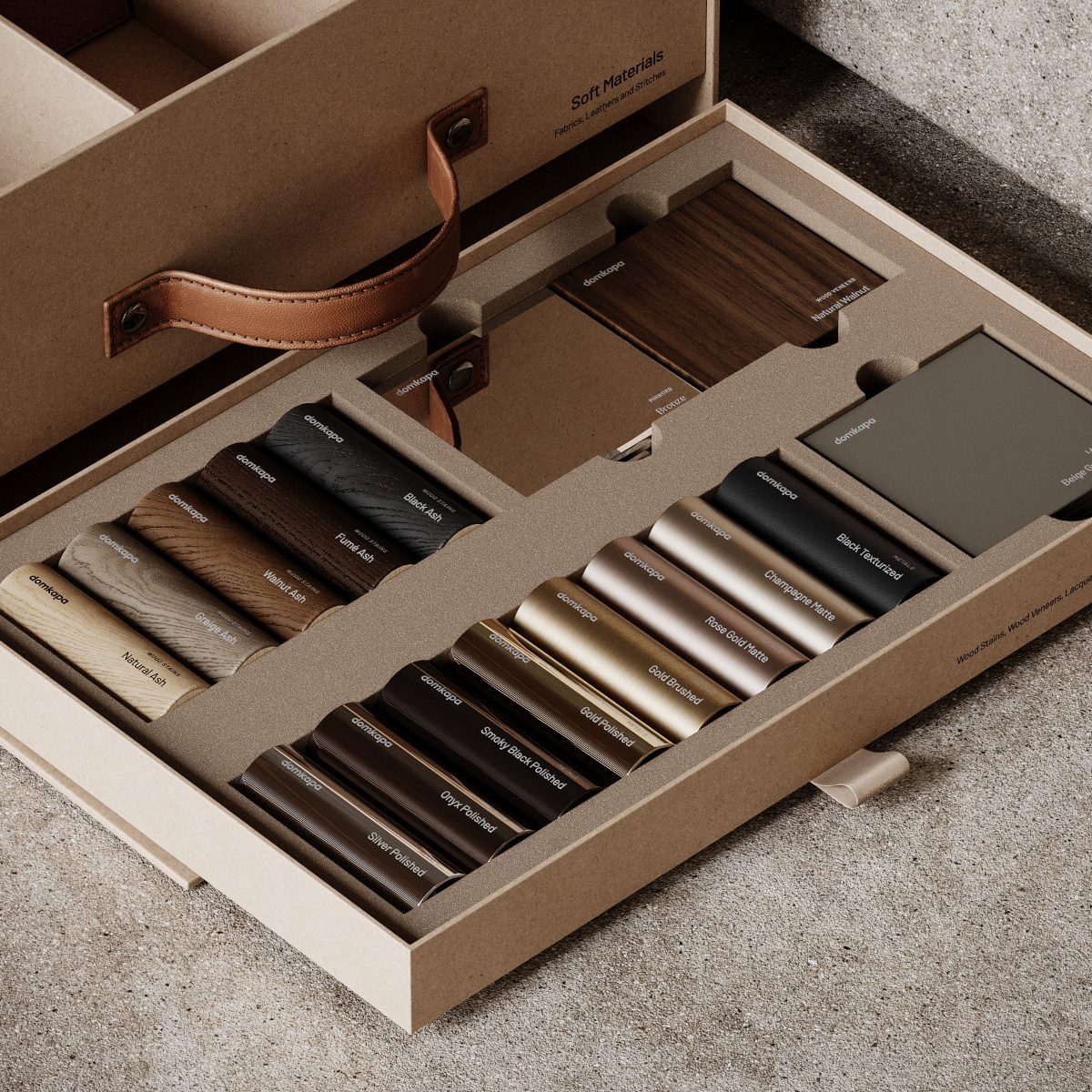 Materials by Domkapa (1) A sample box filled with assorted wood pieces and accessories, showcasing a variety of textures and colours.
