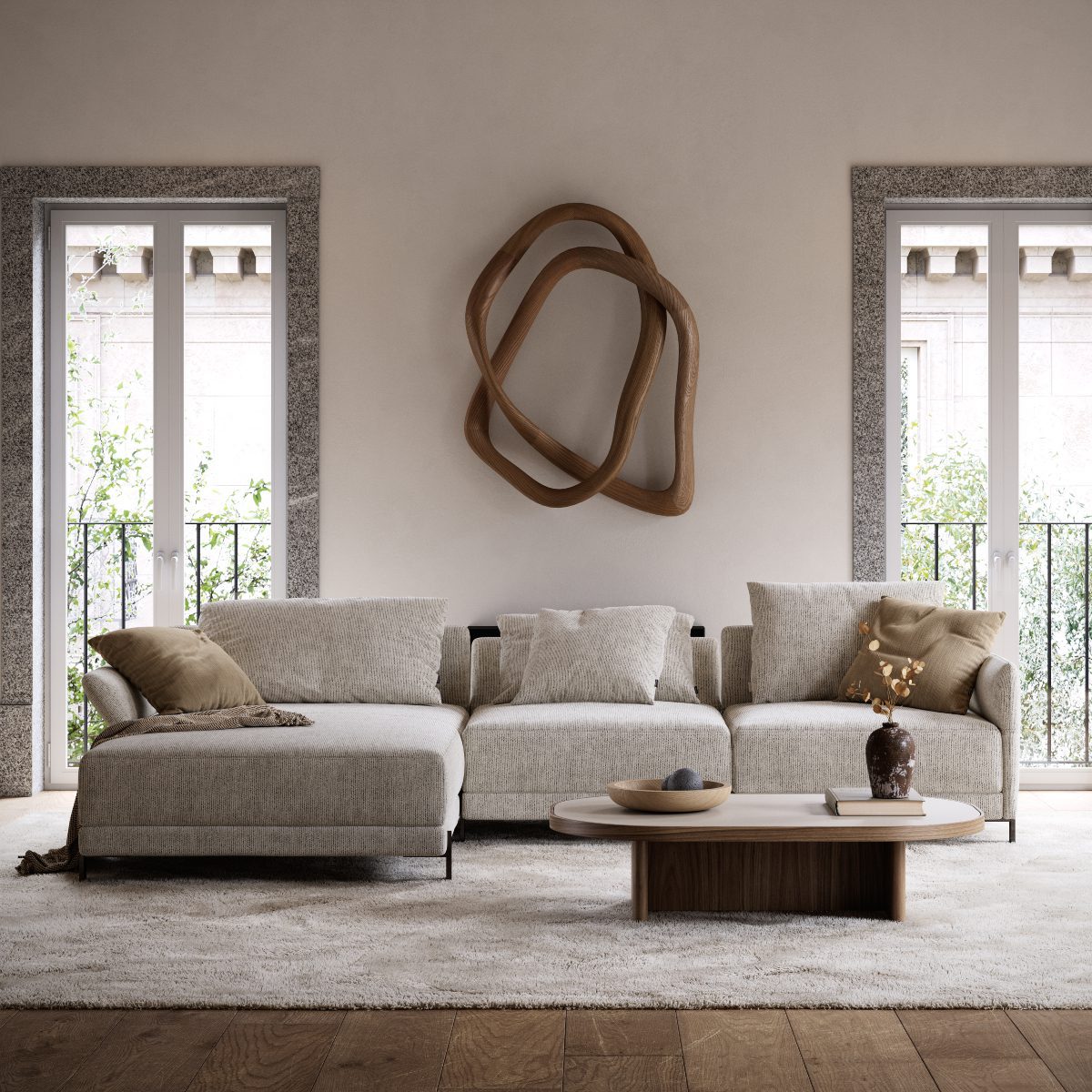 Matthew sofa and danish interior design A warm living room scene with a comfy sofa, a coffee table, and two windows for a bright, airy feel.