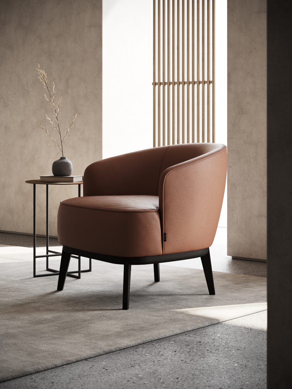 Megan armchair in earthy tones A mid-century modern living room featuring a modern armchair and side table, highlighting clean lines and a minimalist aesthetic.