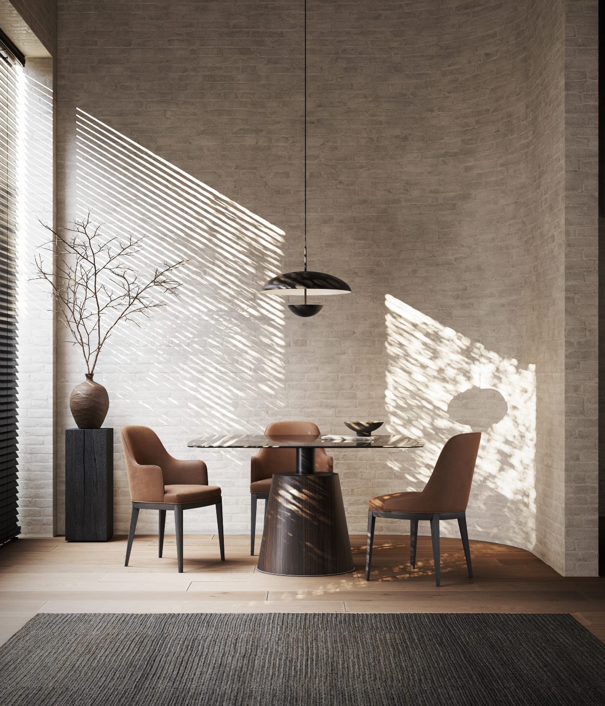 Minimalist dining room with Anna chair and Panton table Minimalist dining rooms with a modern table and elegant chairs, ideal for enjoying meals with friends and family.