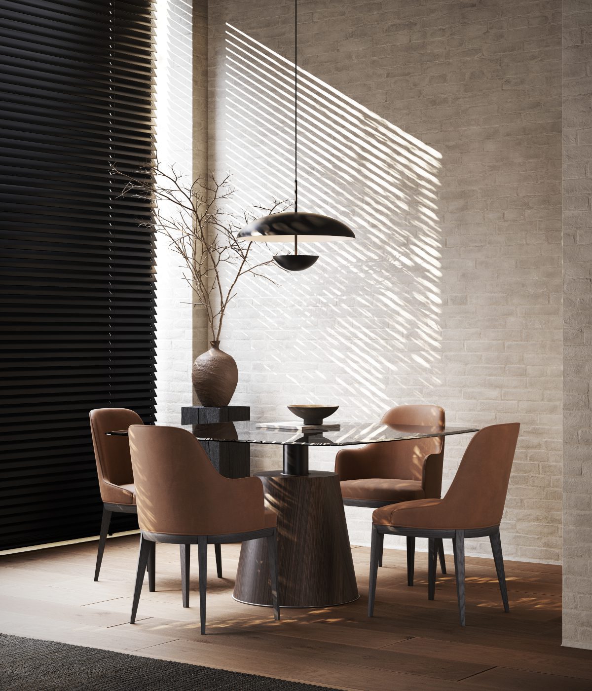 Minimalist dining room wtih Anna chair and Panton Bright minimalist dining rooms with a minimalist table and stylish chairs, creating a welcoming atmosphere for dining.