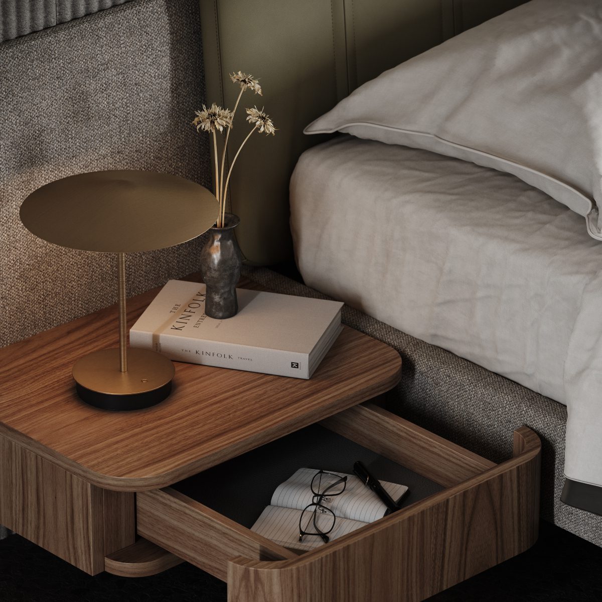 Nightstands of Amanda Bed A contemporary bedroom showcasing a comfortable bed with a statement headboard and a chic pouf, creating a serene and inviting atmosphere.