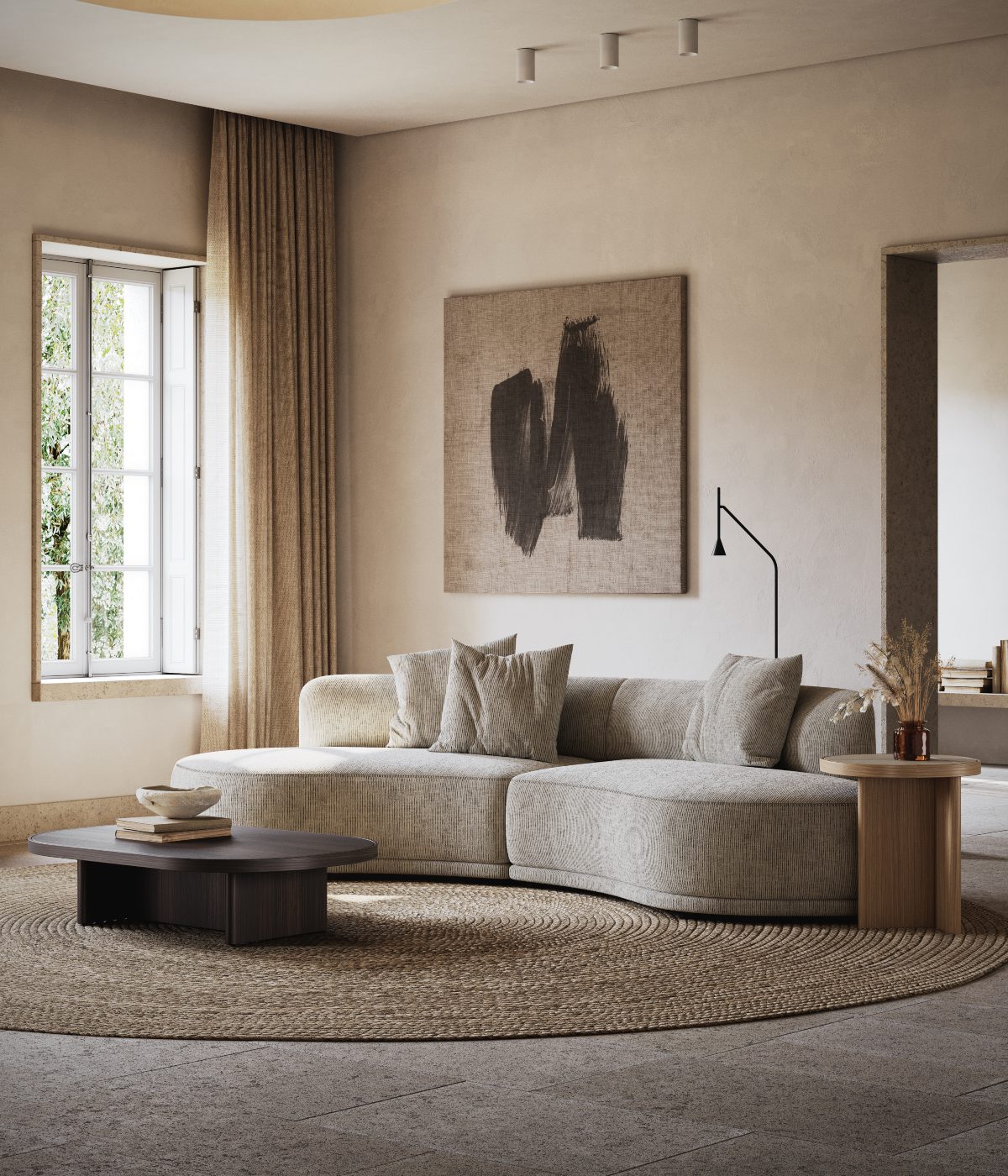 Olivia Sofa and Gilbert Table Set Living Room An elegant living room showcasing a large round rug paired with a modular sofa, enhancing the room's warmth and comfort.
